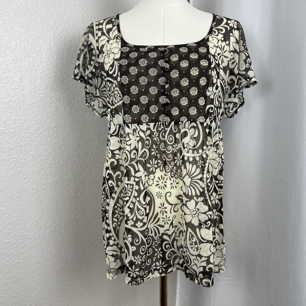 VTG Apt 9 Top Womens Small Brown Cream Sheer Mesh Babydoll Floral Fairy Boho Y2K